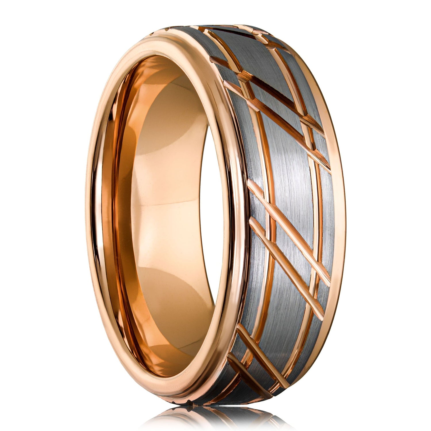 Rose gold tungsten carbide men's wedding band with hammered texture and polished interior.