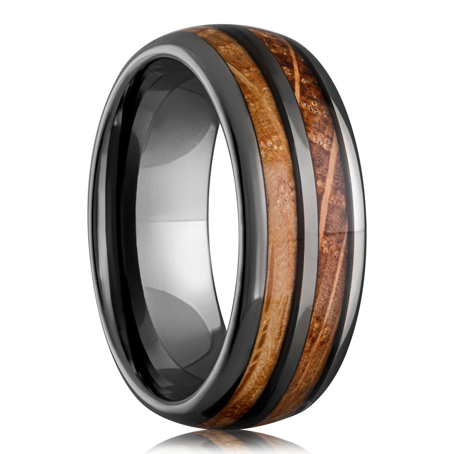 Whiskey Barrel Ring with wood inlay and black tungsten, 8MM men's wedding band.